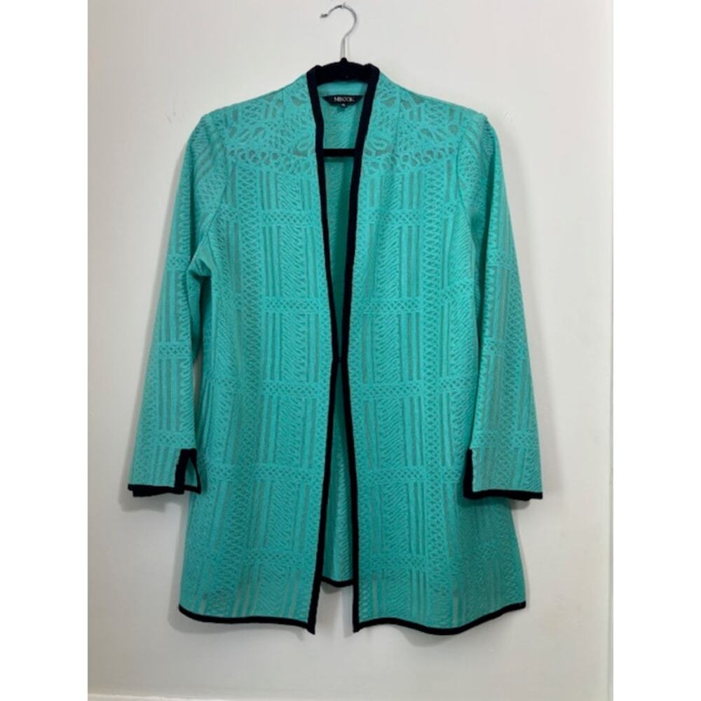 MISOOK Cardigan Open Front Textured Light Teal Black Trim Side Slit Airy Medium